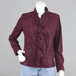 Floral Zip Up Fitted Burgundy Jacket with Ruffles Women's Medium